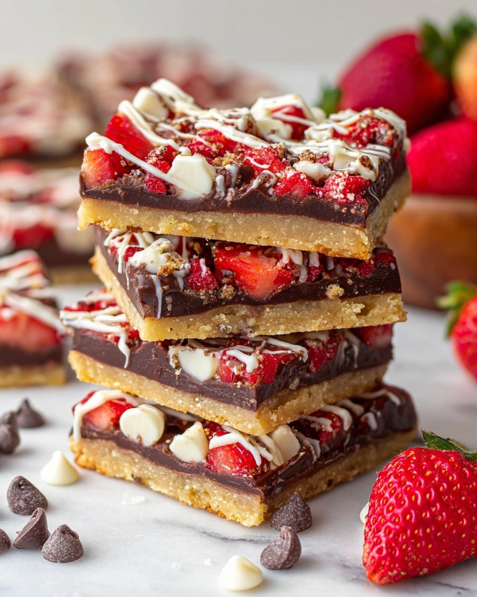 A stack of four dessert bars is shown, each with three visible layers: a thick, golden-brown base layer that looks crisp and crumbly, a smooth dark chocolate middle layer, and a topping of bright red chopped strawberries mixed with small white chocolate chips. White chocolate is drizzled over the top, creating a wavy texture across the strawberries. The stack sits on a white marbled surface with scattered chocolate chips around it. In the background, there are blurred dessert bars and fresh strawberries. Photo taken with an iphone --ar 4:5 --v 7