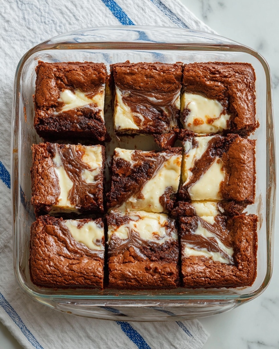 This image shows a rectangular glass baking dish with a chocolate and cream cheese baked dessert cut into nine squares. The top layer is a rich, dark brown with a slightly cracked and textured surface, showing a soft and moist cake. The middle layer has creamy white swirls of melted cream cheese spreading unevenly, creating a marbled effect mixed with the chocolate. The edges of the dessert are thicker and slightly raised. The dish is placed on a white marbled surface with a white cloth featuring blue stripes partly visible on the side. Photo taken with an iphone --ar 4:5 --v 7
