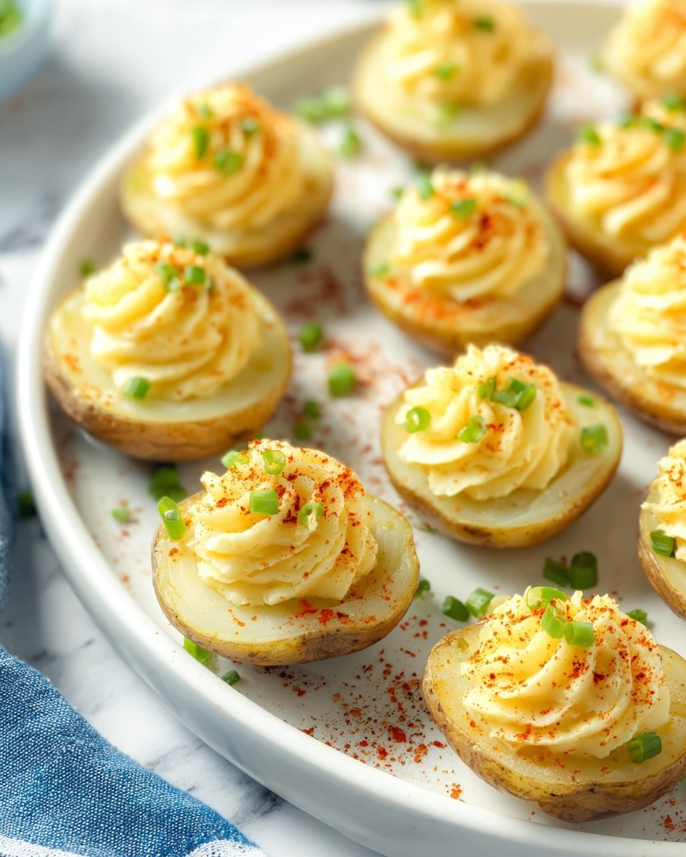 The image shows a white plate filled with small potato halves arranged in several rows. Each potato half has a golden-brown skin with a smooth, pale yellow inside. On top of every potato half is a thick, creamy, pale yellow dollop of mashed filling, swirled neatly with a textured pattern. The tops are sprinkled with finely chopped green scallions and a light dusting of red paprika powder, creating small pops of green and red color against the creamy yellow. The plate is placed on a white marbled surface, and a blue and white cloth is partially visible at the bottom left. The focus is soft in the background with a sharp view of the front potatoes. Photo taken with an iphone --ar 4:5 --v 7
