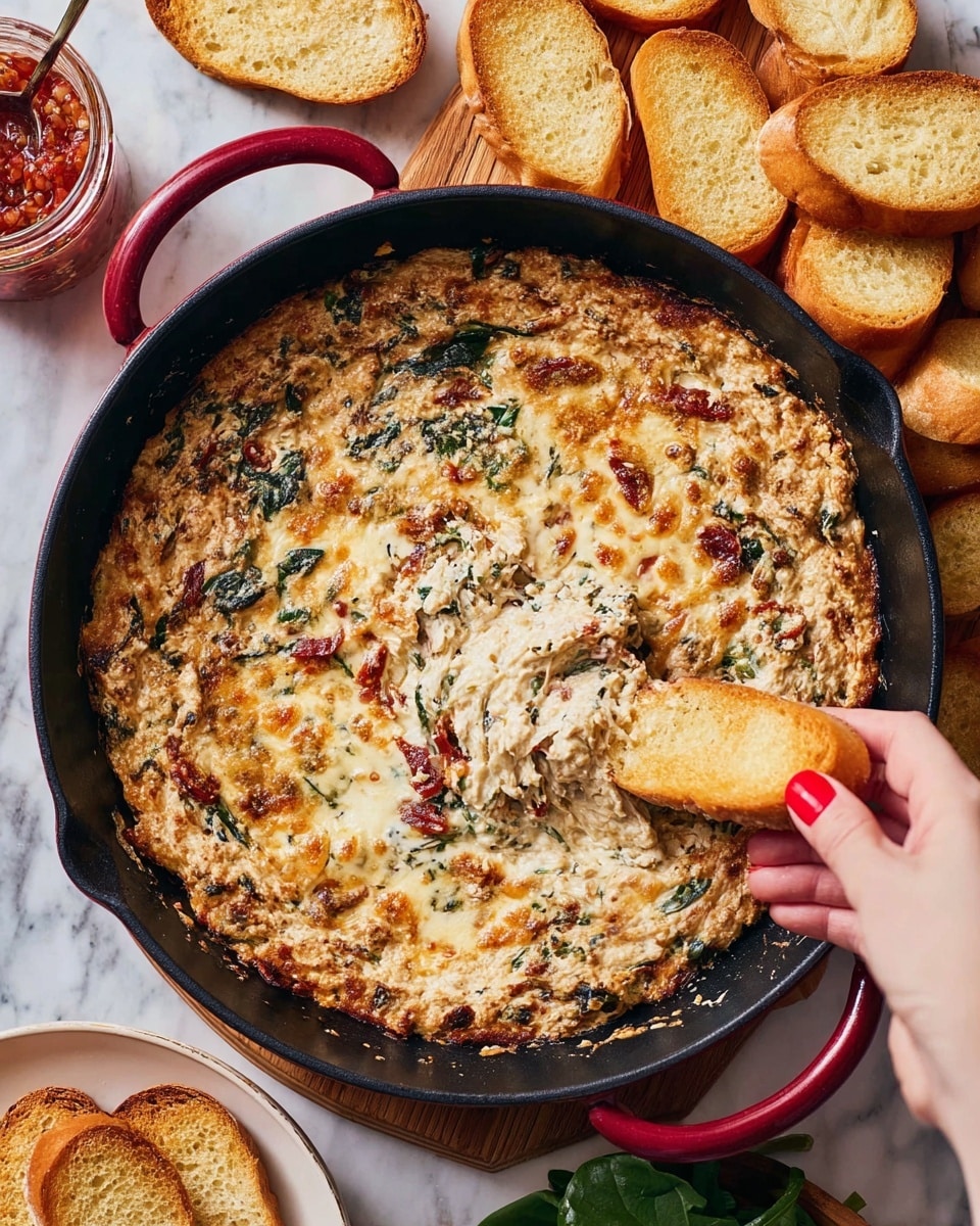 The image shows a black cast iron pan filled with a creamy, textured dip that has a slightly browned, bubbly surface. The dip has visible flecks of green leafy vegetables and small pieces of reddish sun-dried tomatoes spread evenly. A woman's hand with red nail polish is dipping a long, thin toasted bread slice with a golden-brown crust into the creamy mixture near the center of the pan. Surrounding the pan are more golden toasted bread slices on a white wooden board and a white marbled surface, with a small glass jar of chunky red sauce and a white bowl with green leaves nearby. Photo taken with an iphone --ar 4:5 --v 7