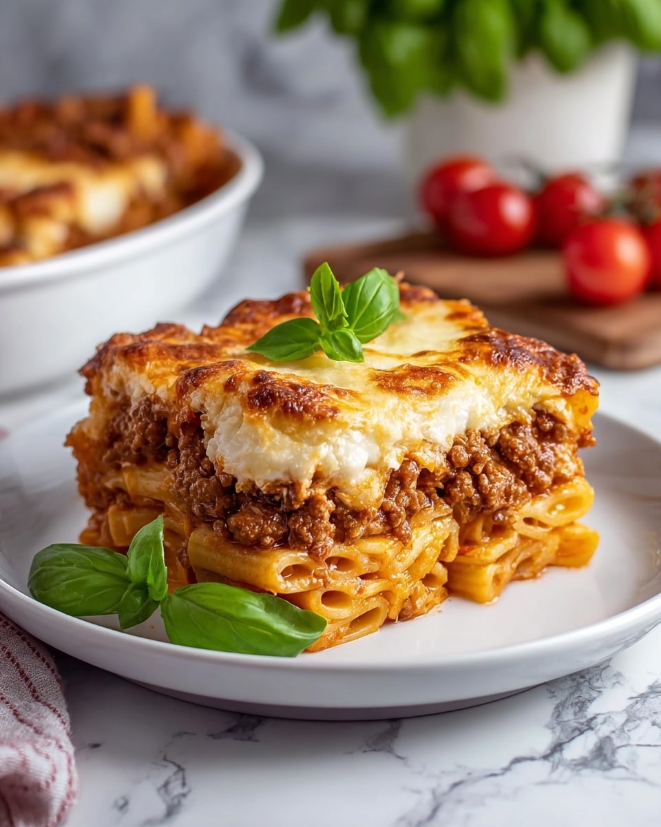 A serving of baked pasta on a white plate shows three thick layers: the bottom layer is cooked penne pasta with a light orange sauce, the middle layer is a rich meat sauce with browned ground meat, and the top layer is melted white cheese with a golden-brown crispy crust. There is a fresh green basil leaf placed on top as decoration, and an extra basil leaf sits beside the pasta on the plate. The plate is set on a white marbled surface with a blurred background of a white bowl filled with cherry tomatoes and basil. Photo taken with an iphone --ar 4:5 --v 7