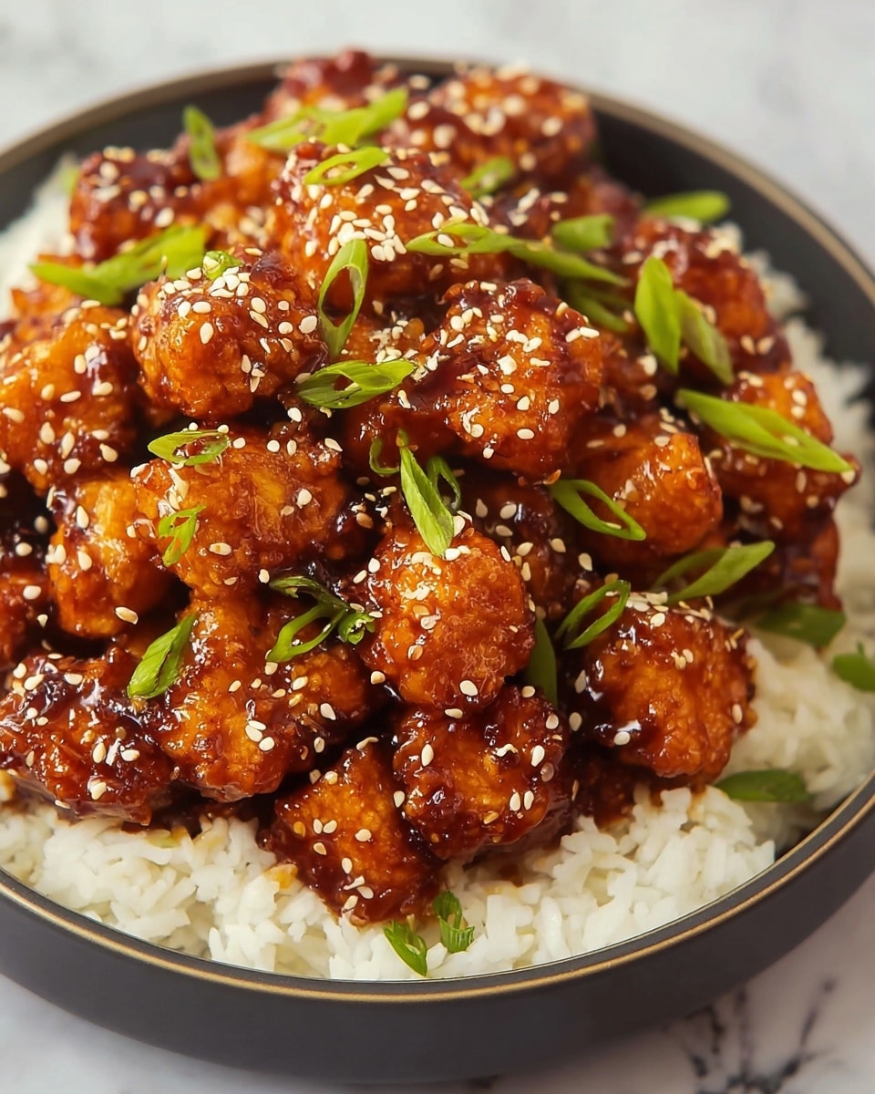 The image shows a close-up of a dark bowl filled with white rice at the bottom layer, topped with many small, shiny, dark orange-brown glazed cubes that have a sticky texture. These cubes are covered with white sesame seeds scattered across them, and small green onion slices are spread evenly on top, adding a fresh green color. The bowl is placed on a white marbled surface. The overall look is rich with a mix of white, dark orange-brown, and green colors, giving a fresh and appetizing appearance. photo taken with an iphone --ar 4:5 --v 7