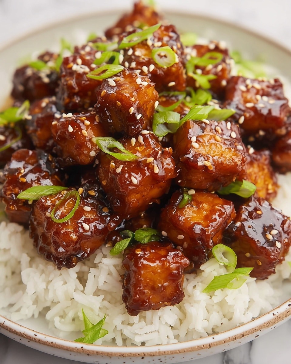 The dish shows several small orange-brown glazed cubes arranged over a bed of white rice on a white plate with a slightly speckled edge. The cubes are shiny and coated in a thick sauce with visible sesame seeds sprinkled across and some green onion slices scattered on top. The rice beneath is fluffy and white, placed at the bottom layer, while the glazed cubes form a dense middle layer. The green onions provide a bright, fresh touch on the top layer. The entire plate sits on a white marbled surface. Photo taken with an iphone --ar 4:5 --v 7