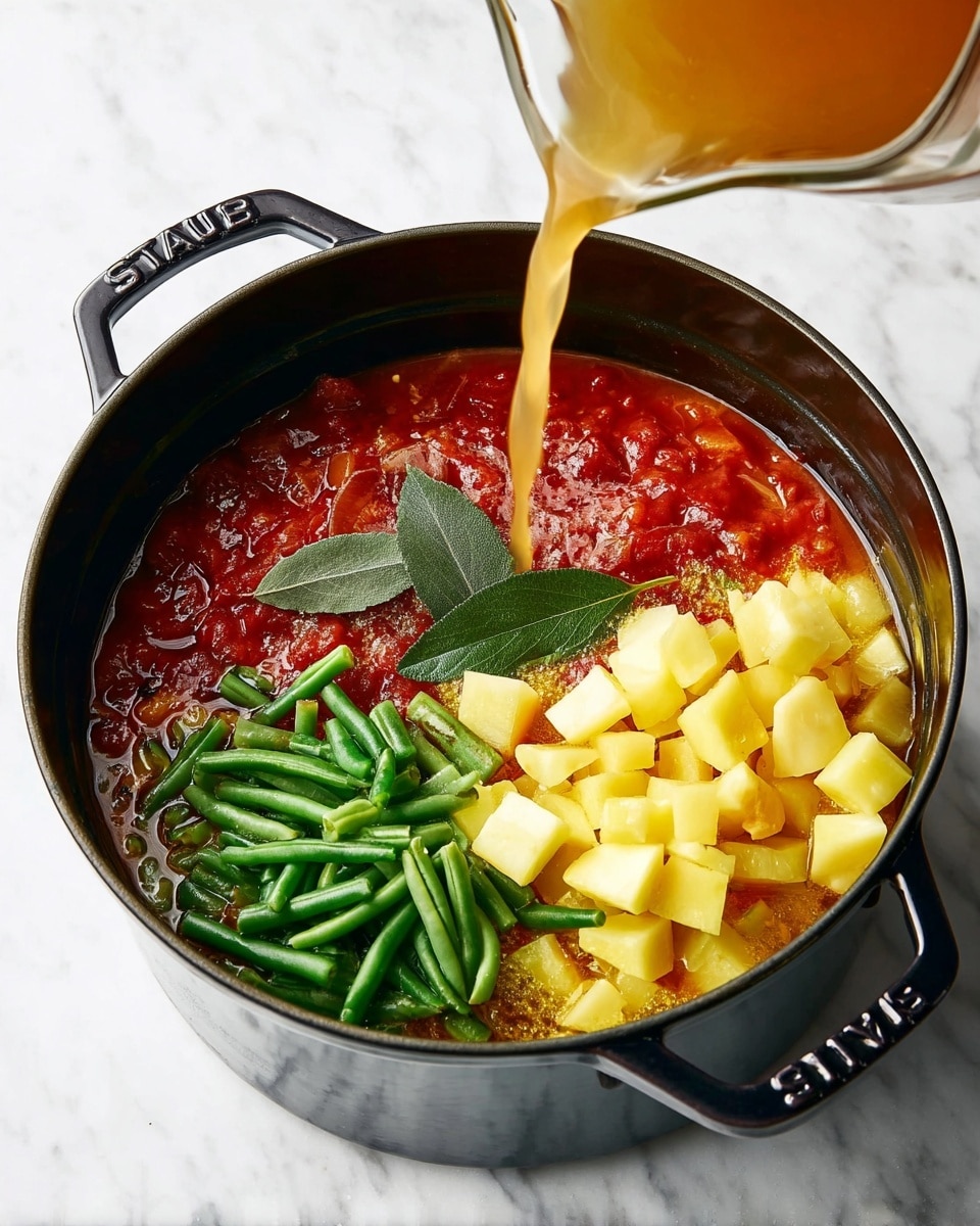 A black Staub pot is placed on a white marbled surface, filled with different soup ingredients in layers. At the bottom is a thick red tomato base with some pieces of tomato visible. On one side, there are small cubes of light yellow potatoes, and next to them, bright green chopped green beans. A single green bay leaf rests on top near the center. Light brown broth is being poured into the pot from a clear glass container, adding warmth to the composition. The color contrast between the red tomatoes, yellow potatoes, and green beans creates a fresh and vibrant look. Photo taken with an iphone --ar 4:5 --v 7