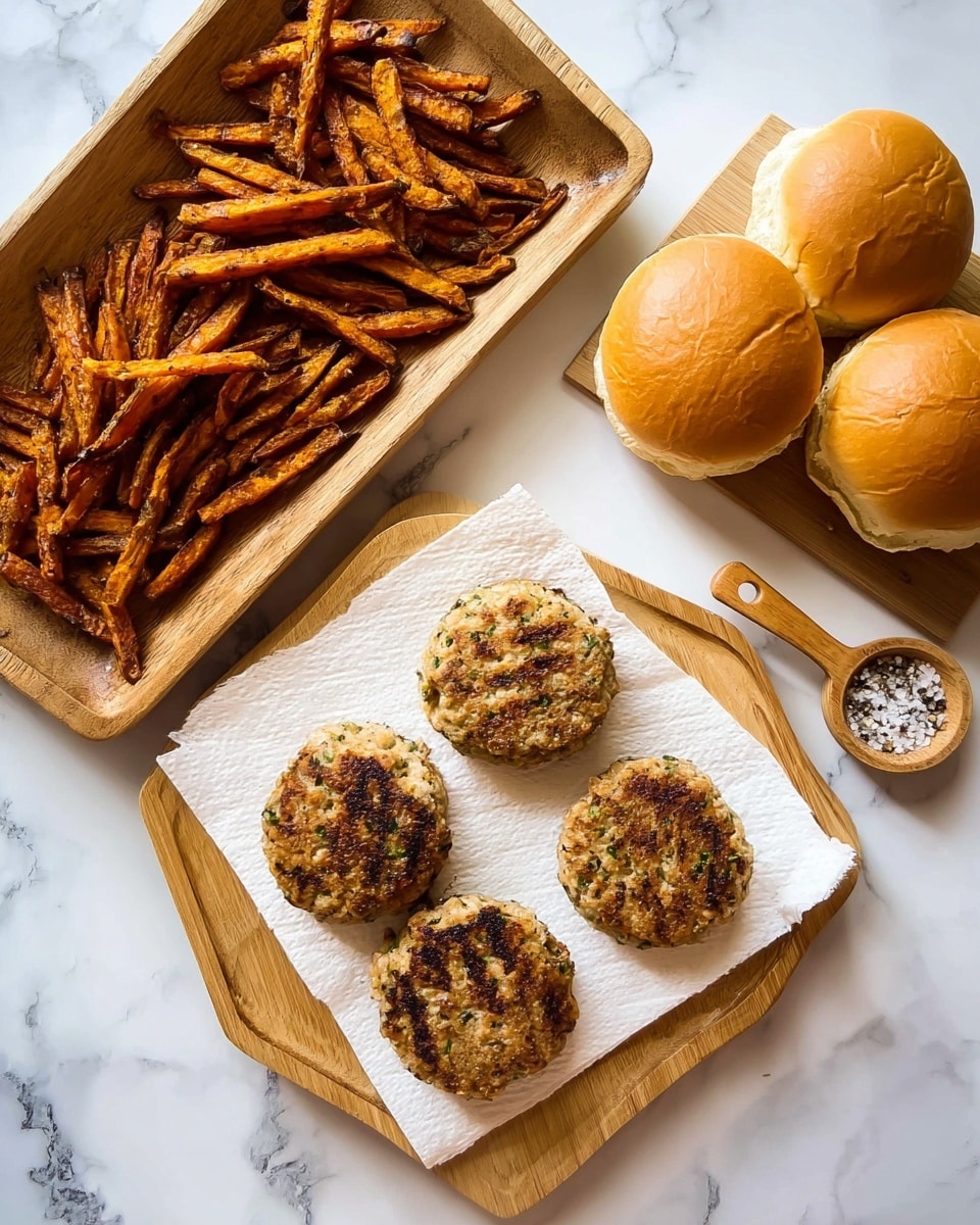 The image shows four grilled patties with light brown and green specks sitting on white parchment paper placed on a wooden tray at the bottom center. To the top left, there is a wooden tray piled with dark and light orange sweet potato fries, some showing a crispy texture. At the top right, four soft round hamburger buns with a golden brown top are placed on a white marbled surface, with one bun split open revealing a fluffy inside. Next to the buns on the far right is a small wooden tray holding white salt and black pepper with a tiny wooden spoon. The whole scene is set on a white marbled surface with bright overhead light enhancing the colors. photo taken with an iphone --ar 4:5 --v 7