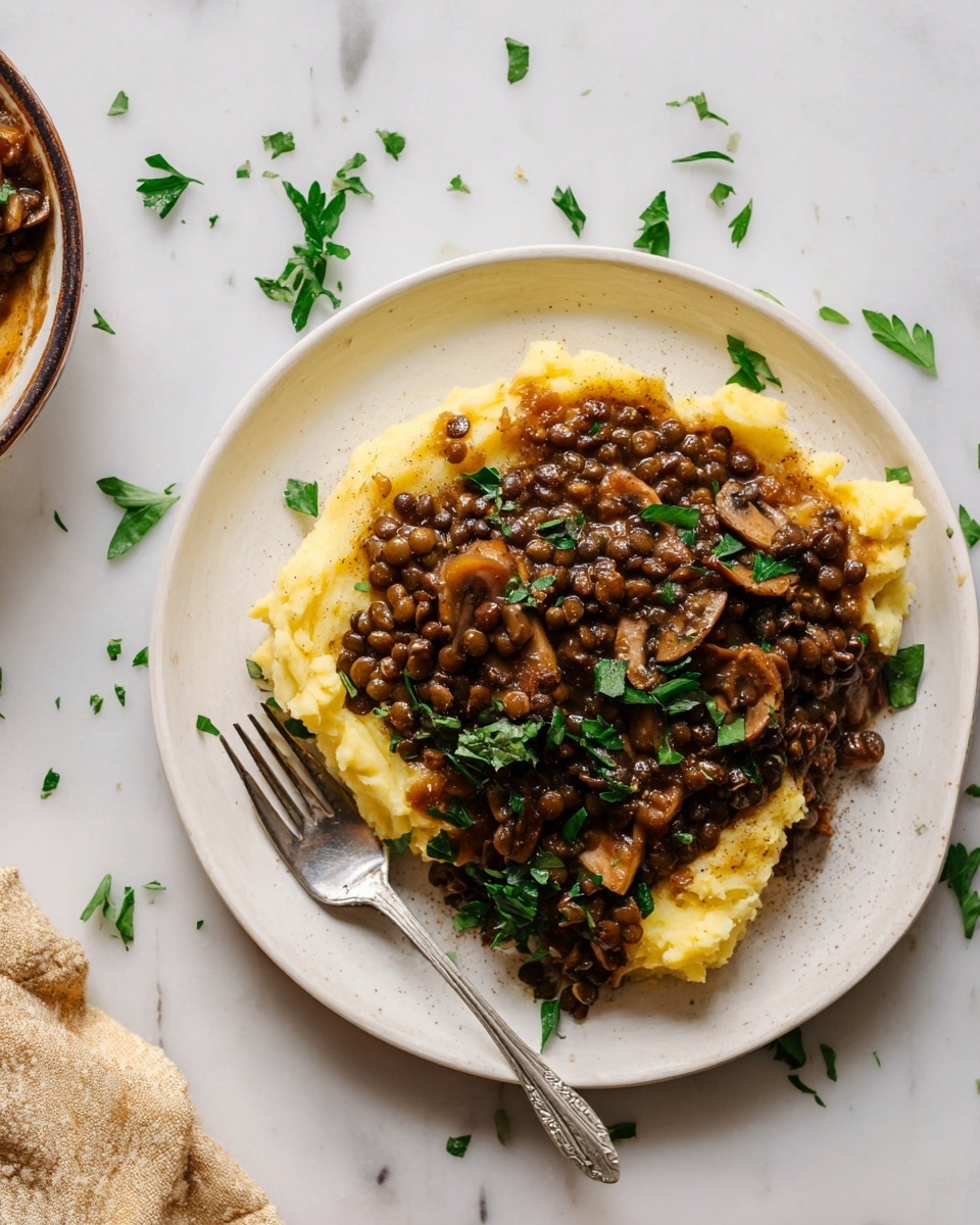 A white plate holds a serving of smooth, light yellow mashed potatoes forming the bottom layer, topped with a thick, dark brown lentil stew with visible whole lentils and sliced mushrooms mixed in. Fresh green parsley leaves are scattered on top of the lentils and around the plate. A silver fork rests on the right side of the plate. The plate is set on a white marbled surface with some parsley leaves sprinkled nearby. Photo taken with an iphone --ar 4:5 --v 7