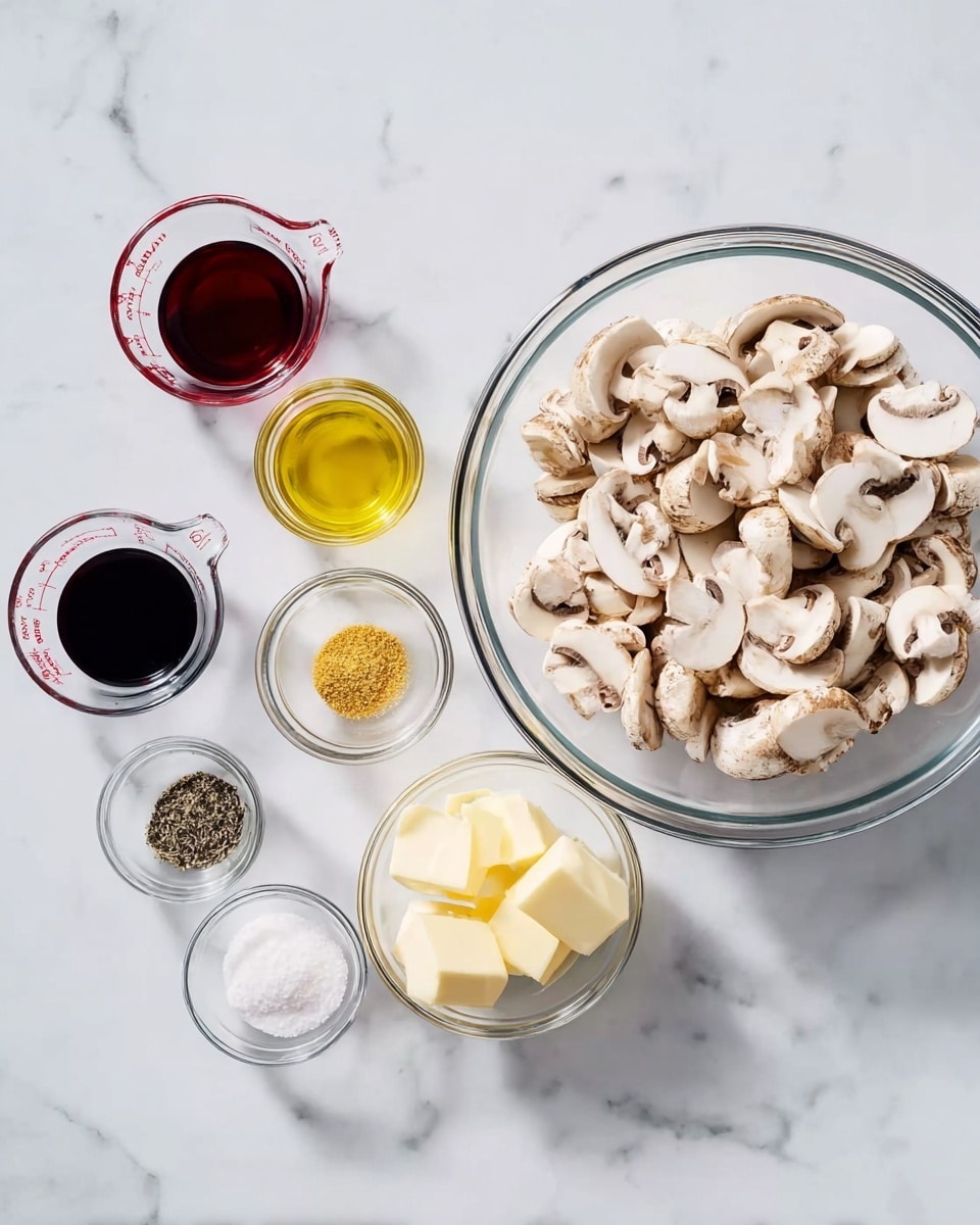 The image shows a large clear glass bowl filled with many white and light brown sliced mushrooms on the right side. To the left of the bowl, there are seven small glass containers arranged in two rows on a white marbled surface. The top row has three measuring cups holding dark red liquid, yellow oil, and dark brown liquid from left to right. The bottom row has four small bowls containing light yellow powder, dark pepper flakes, white creamy substance, and two chunks of pale yellow butter. The overall scene is bright with soft lighting and clear shadows. Photo taken with an iphone --ar 4:5 --v 7