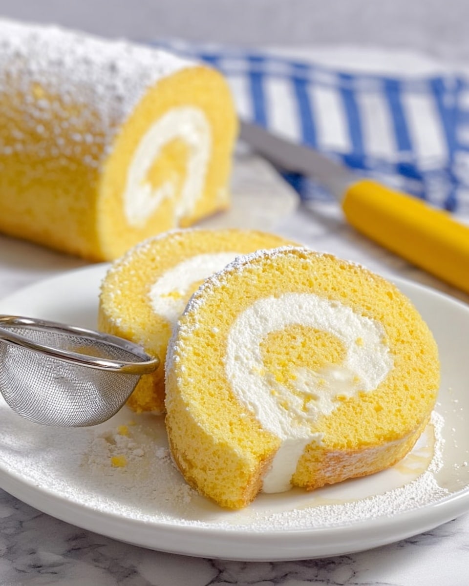 The image shows two slices of a yellow sponge roll cake stacked on a white plate with powdered sugar dusted on top and around the plate. Each slice has two layers: a light yellow, soft sponge cake exterior with a textured surface, and a smooth white cream filling spiraled inside. Next to the slices, there is a small metal sieve with powdered sugar. Behind the slices, the remaining roll cake is visible with the same colors and layers. The background is a white marbled texture with a blurred blue and white striped cloth and a utensil with a yellow handle. Photo taken with an iphone --ar 4:5 --v 7