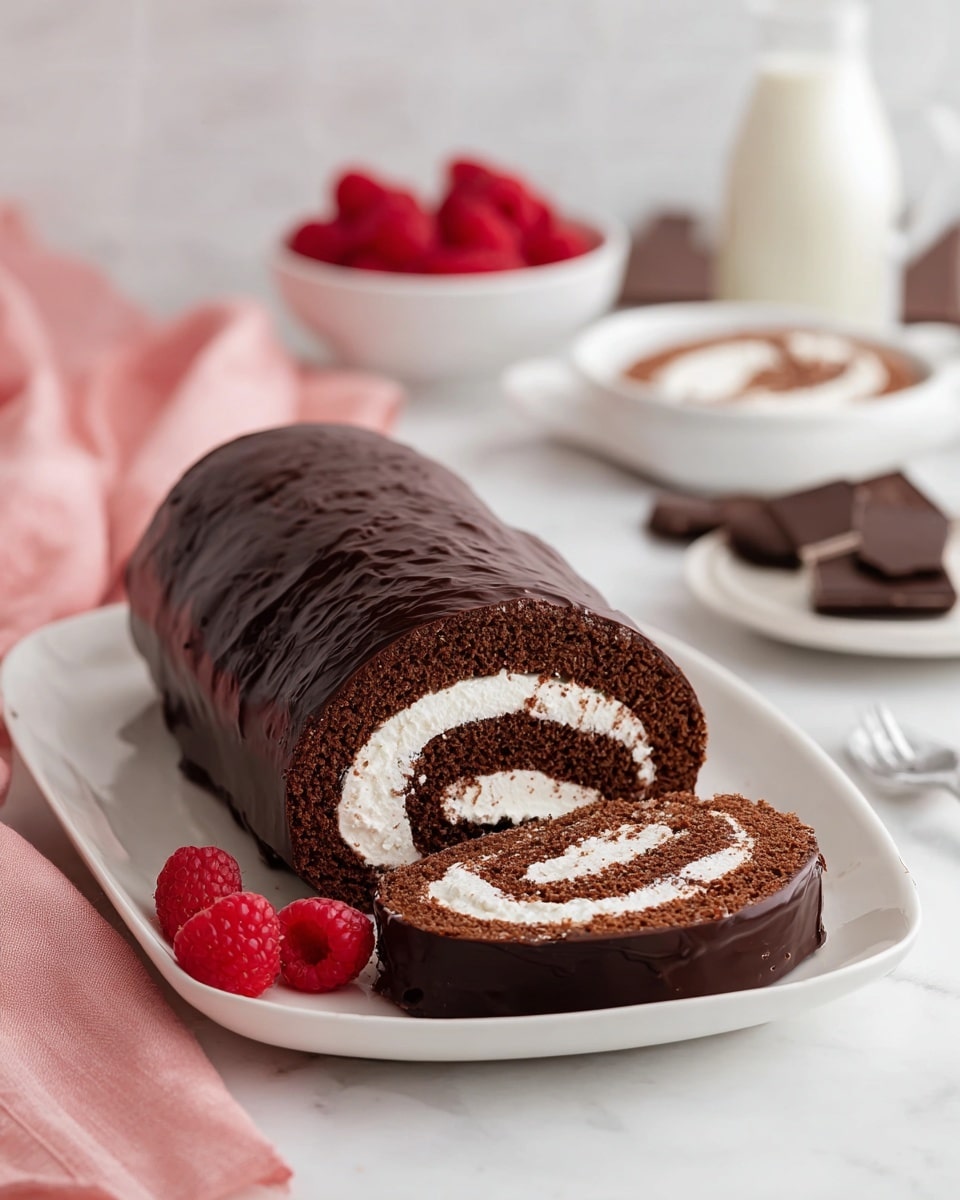 A chocolate roll cake is shown on a white plate, with one slice cut and placed next to the main roll. The cake has a shiny dark chocolate outer layer that looks smooth and slightly glossy. Inside, there are two layers: a rich, dark brown chocolate sponge rolled around a thick, creamy white filling. Fresh raspberries are placed beside the cake on the plate, adding a bright red color contrast. In the background, there are blurred white dishes holding chocolate pieces and raspberries, along with a white cup and a glass bottle of milk on a white marbled surface. A pink cloth is softly folded in the background as well. Photo taken with an iphone --ar 4:5 --v 7