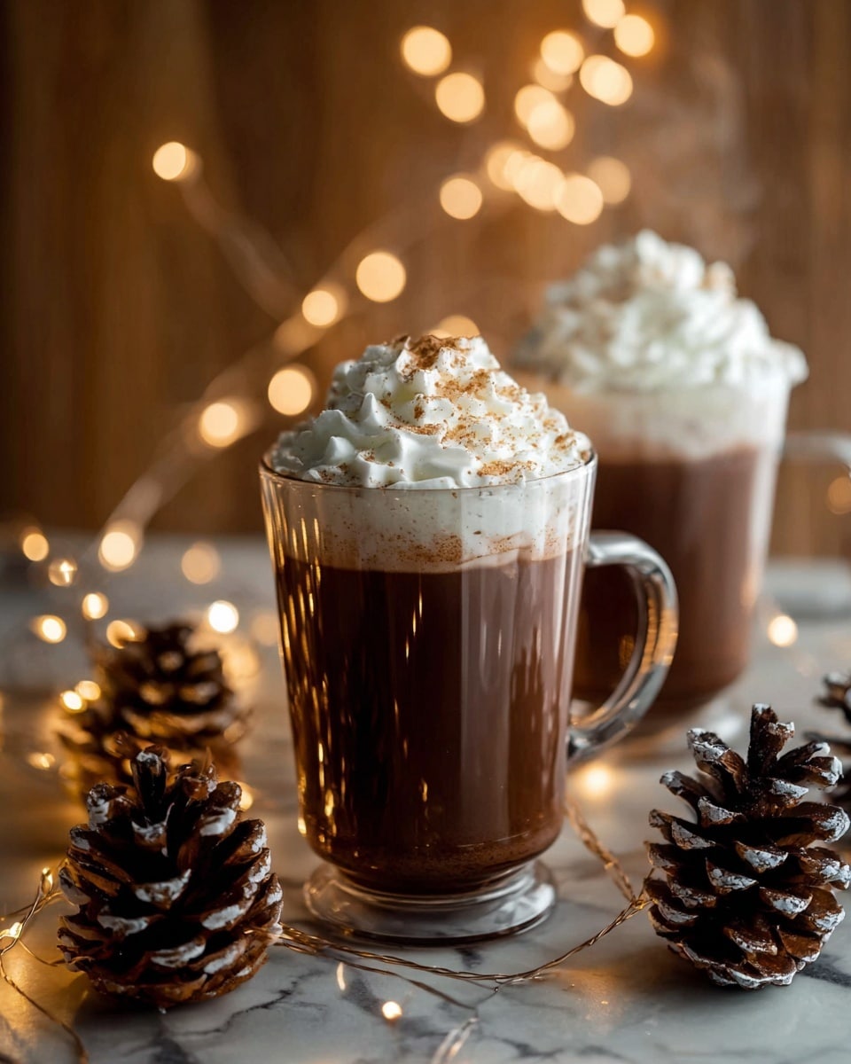 Two clear glass mugs filled with dark brown hot chocolate topped with a thick layer of white whipped cream sprinkled with light brown powder. Steam rises gently from the mugs, showing warmth. The mugs sit on a wooden surface surrounded by small brown pine cones with white tips and soft glowing fairy lights wrapped around. Soft golden fairy light bokeh is visible in the background. The whole scene stands on a white marbled texture surface. Photo taken with an iphone --ar 4:5 --v 7
