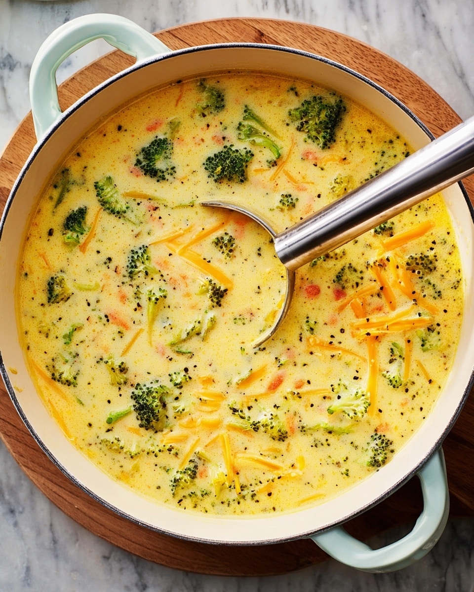 A large white pot filled with creamy yellow soup is shown. The soup has visible layers of small green broccoli pieces, thin light orange carrot shreds, and medium-thin strips of bright yellow cheddar cheese floating throughout. A metal ladle with a long handle rests inside the pot, partially submerged in the soup, showing its smooth, thick texture. The pot sits on a white marbled surface with a wooden cutting board peeking in from the top left corner. photo taken with an iphone --ar 4:5 --v 7