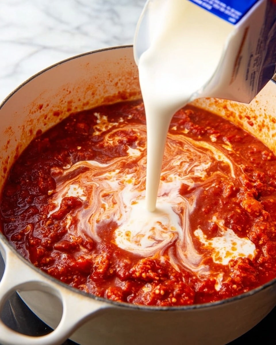 A white enameled pot filled with a rich, chunky red tomato sauce, showing visible bits of tomatoes and spices throughout. From the right side, a stream of smooth cream pours into the center of the sauce, creating swirling patterns of white and red as it mixes with the sauce on the surface. A woman's hand holding the cream carton is partly visible. The background is a white marbled texture. photo taken with an iphone --ar 4:5 --v 7