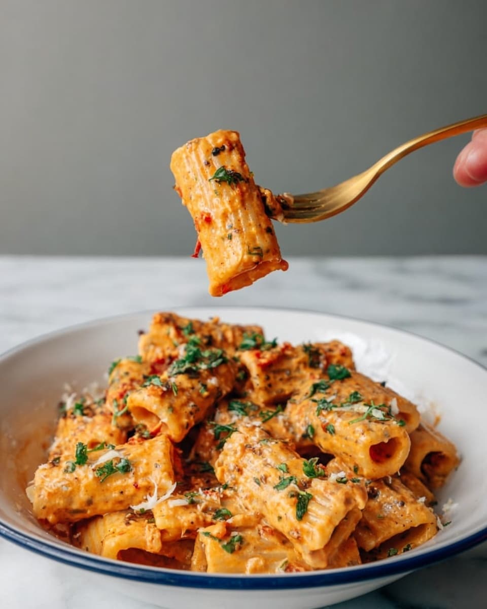 The image shows a close-up of rigatoni pasta covered with a creamy orange sauce mixed with herbs and small bits of seasoning. The rigatoni pieces are thick and ridged, each coated evenly with the sauce that has a slightly glossy texture. A gold fork held by a woman's hand lifts a small bundle of three rigatoni pieces above a white bowl with a blue rim that holds the remaining pasta. The pasta in the bowl is sprinkled with green herbs and some grated cheese on top, sitting on a white marbled surface with a plain light-gray background. Photo taken with an iphone --ar 4:5 --v 7