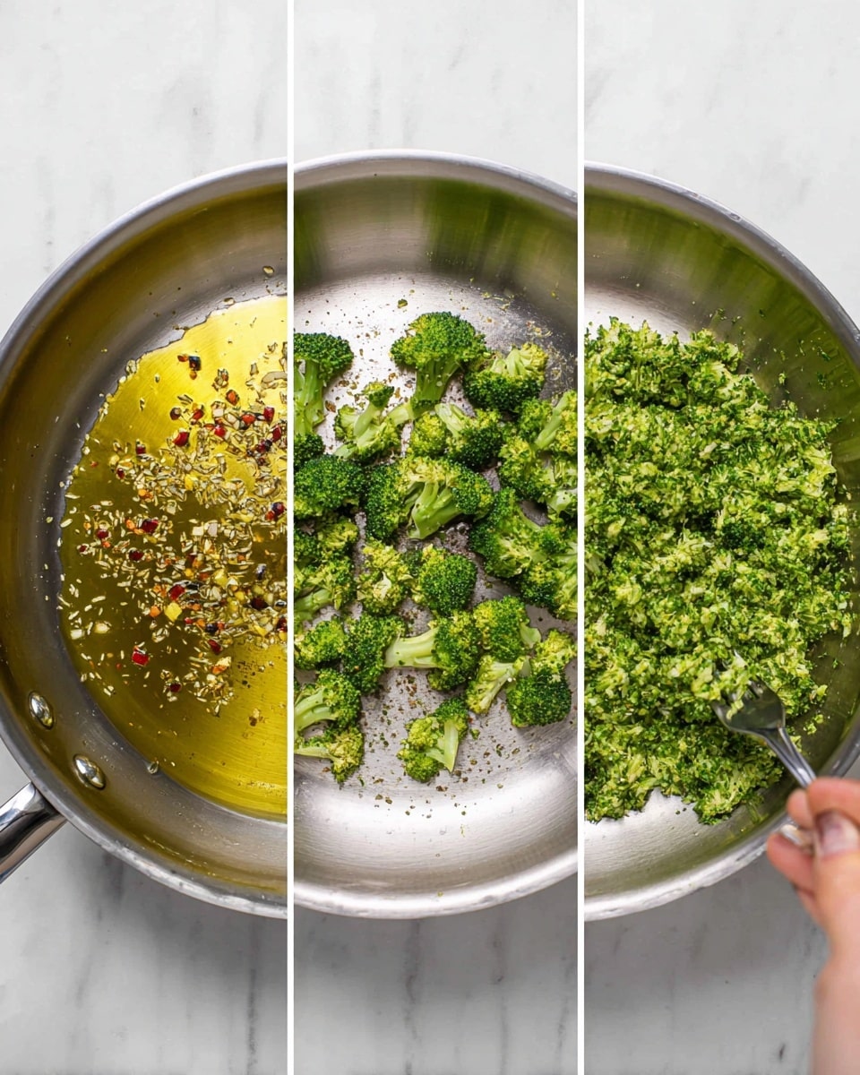 The image shows a three-step cooking process in a silver frying pan on a white marbled surface. The first section shows a layer of golden olive oil with small pieces of red chili and garlic spread across the shiny metal surface. The second section has vibrant green broccoli florets placed evenly in the pan, sprinkled lightly with black pepper and some salt. The last section captures the broccoli mashed down into a textured, somewhat leafy green paste, with a woman's hand holding a fork, stirring or mashing it in the pan. Photo taken with an iphone --ar 4:5 --v 7