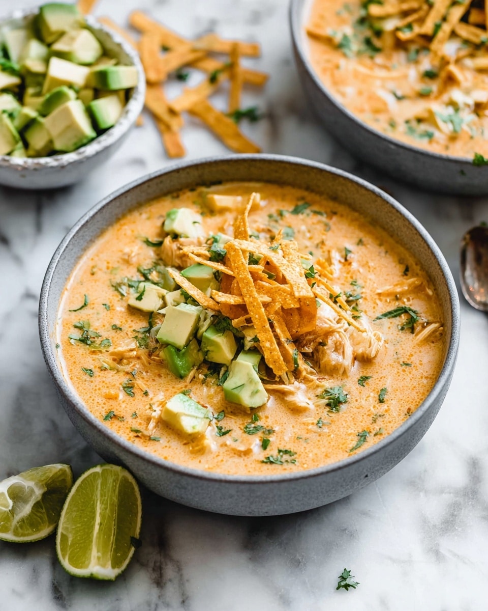 A gray bowl on a white marbled surface holds creamy soup with an orange color. The soup is topped with small green cubes of avocado, thin orange strips of crispy tortilla, and some finely chopped green herbs. Larger pieces of chicken and melted cheese are visible inside the soup. Two lime halves sit to the left of the bowl, and some scattered tortilla strips are on the surface nearby. A small white bowl with avocado cubes is also on the left side. Photo taken with an iphone --ar 4:5 --v 7