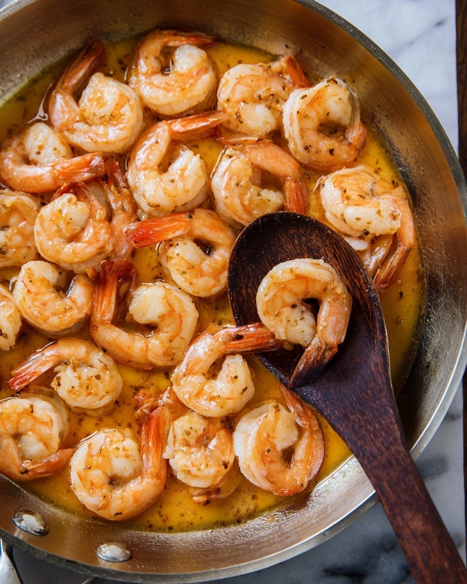 The image shows a pan filled with cooked shrimp in a light orange sauce, with shrimp arranged in a scattered but slightly layered way. Their shells are on the tails, and the shrimp color is a mix of pale white with orange highlights. A dark wooden spoon is scooping one shrimp in the middle right of the pan. The pan itself is metal with a slight shine, sitting on a white marbled surface. The photo taken with an iphone --ar 4:5 --v 7