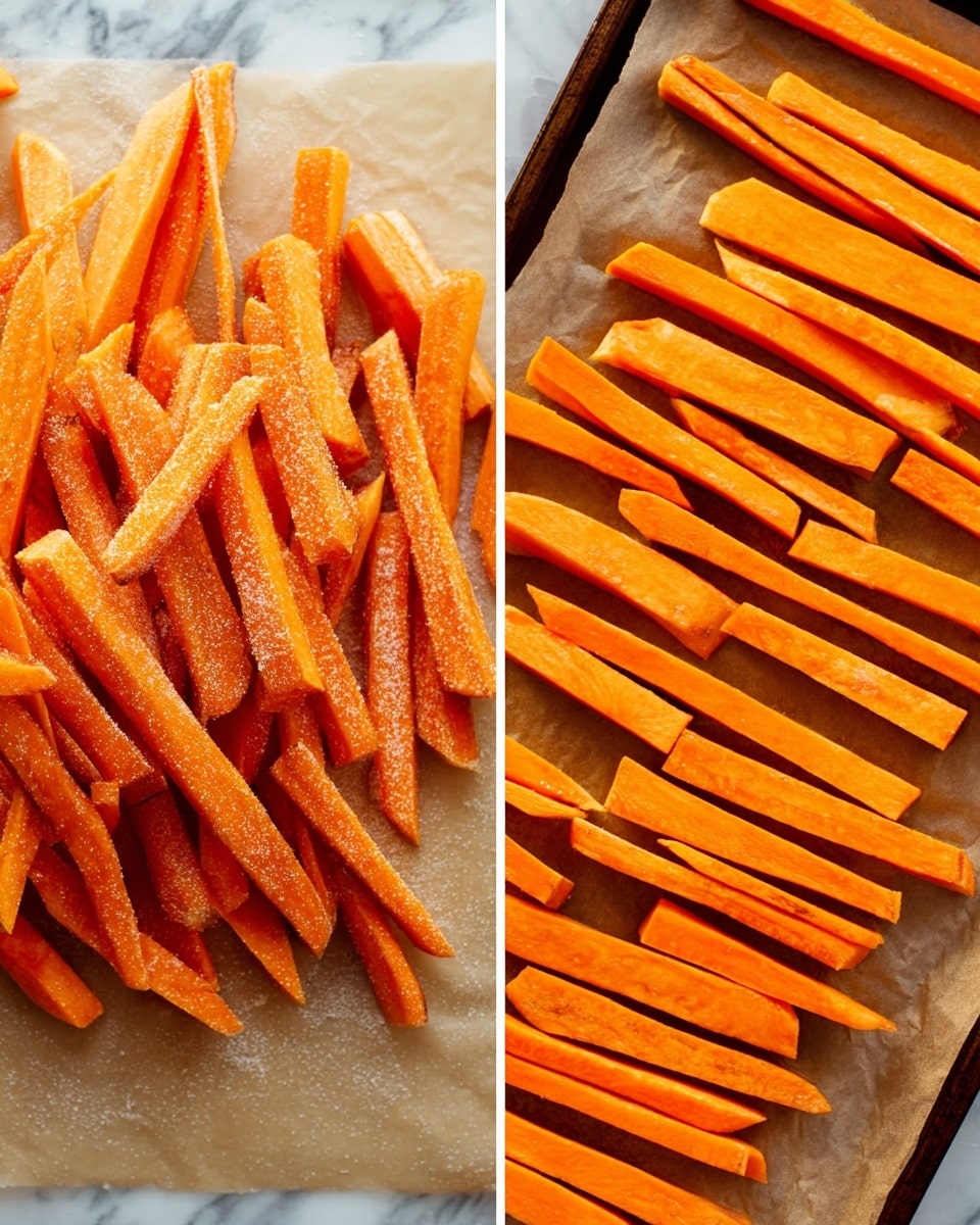 The image shows two close-up views of orange sweet potato fries. On the left side, the fries are unevenly piled, fresh and raw, with a slightly shiny texture from oil, and some salt or flour dust scattered on them, sitting on parchment paper. On the right side, the fries are neatly laid out in rows on a parchment-lined baking tray, ready for cooking, with a white marbled texture background visible at the top. The fries are straight, cut in thick sticks with an orange color and smooth texture. photo taken with an iphone --ar 4:5 --v 7