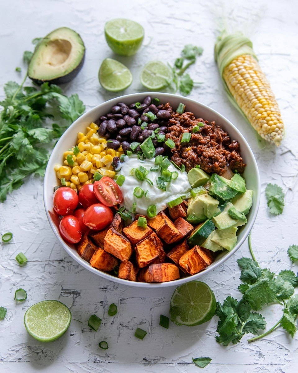 A white bowl on a white marbled surface holds a colorful layered dish. The bottom layers include diced cucumber and seasoned roasted orange sweet potato chunks. On top are black beans, bright yellow corn, and browned ground meat arranged in separate sections. Next to the ground meat are green avocado chunks and a lime wedge. Halved red cherry tomatoes sit beside the black beans. In the center is a dollop of white yogurt or sour cream, garnished with chopped green herbs and green onion slices. Surrounding the bowl on the surface are a halved avocado, lime half, whole corn cob with husk, cherry tomatoes, scattered cucumber pieces, and leafy cilantro. photo taken with an iphone --ar 4:5 --v 7