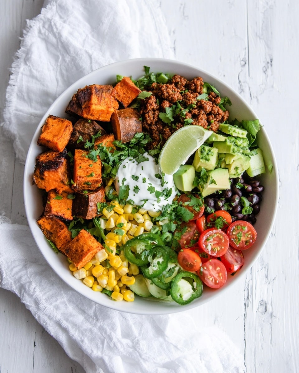 A white bowl filled with a colorful layered dish sits on a white marbled surface with a white cloth nearby. Inside the bowl, starting from the left, there are deep orange roasted sweet potato cubes with charred edges, fresh green chopped cucumber pieces mixed with green onion slices, crumbled browned ground meat topped with a bright green lime wedge, and pale green sliced avocado chunks. In the center, there is a dollop of white sour cream garnished with fresh chopped cilantro. To the right, bright yellow corn kernels and black beans sprinkled with finely chopped green onions and cilantro create a vibrant contrast. At the bottom, halved cherry tomatoes add a splash of red. photo taken with an iphone --ar 4:5 --v 7