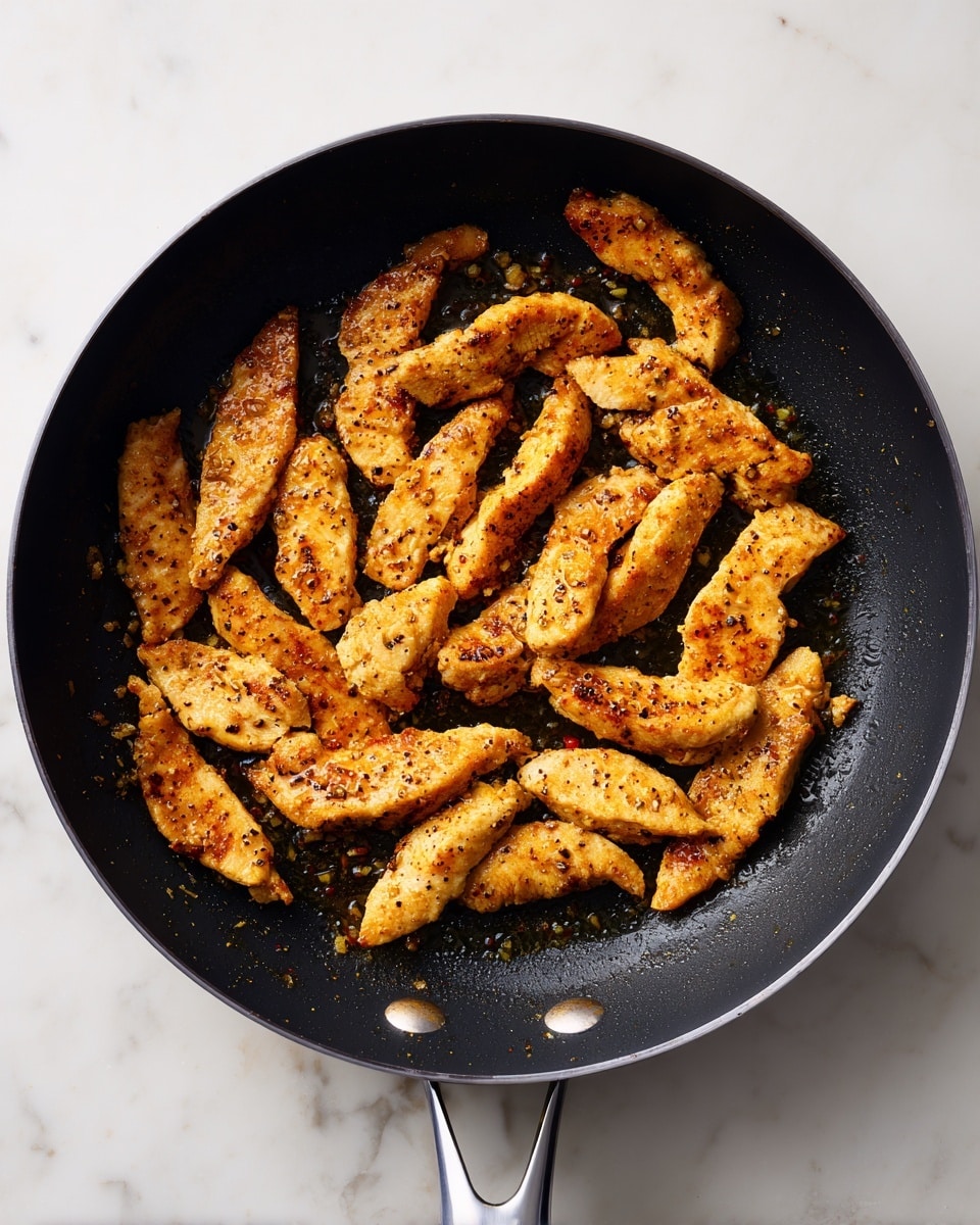A black pan set on a white marbled surface holds about twenty golden-brown cooked strips of chicken. The chicken pieces have a crispy texture with visible seasoning, including black pepper and spices, and slight glistening from cooking oil. Each strip is irregular in shape and size, spread evenly across the bottom of the pan with some oil and seasoning residue visible on the pan's surface. The pan has a metallic handle with two rivets attaching it to the pan. photo taken with an iphone --ar 4:5 --v 7
