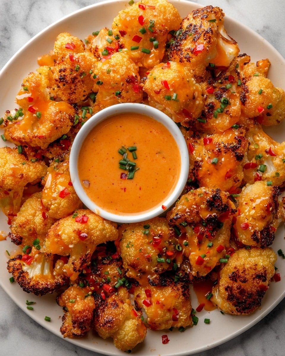 A white round plate piled high with crispy golden brown cauliflower bites, each piece lightly charred and coated in a shiny orange sauce with visible red chili flakes and green chopped chives scattered evenly on top. In the center of the plate is a small white bowl filled with smooth, thick orange dipping sauce, also garnished with a few chive pieces. The plate is set on a white marbled surface. photo taken with an iphone --ar 4:5 --v 7