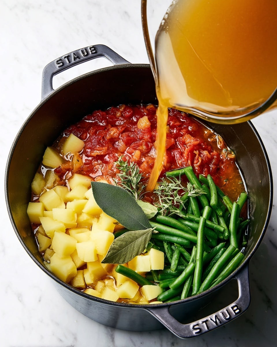 A black round pot filled with several layers of ingredients is placed on a white marbled surface. At the bottom, there is a chunky red tomato layer with visible tomato pieces, then a layer of small yellow potato cubes placed on the left side, and a pile of chopped green beans on the right side. On top of the potatoes and green beans, there is a single bay leaf. From above, a glass container is pouring a golden-brown broth into the pot on the right side. The pot handles are visible, with the word
