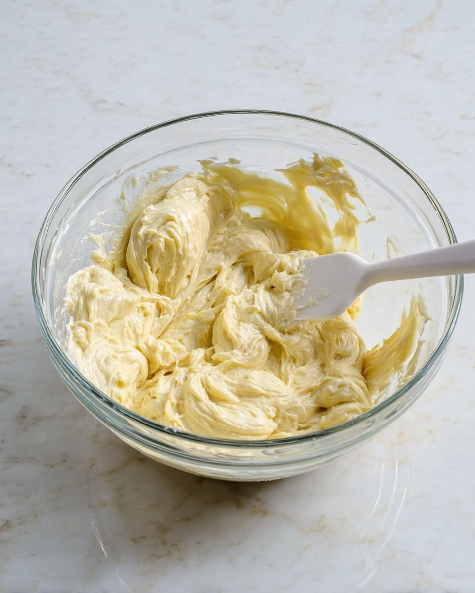 A clear glass bowl with thick, pale yellow batter inside, showing creamy, slightly lumpy texture with soft folds and swirls. A white spatula rests in the batter on the right side, with some batter sticking to it. The bowl sits on a white marbled surface with soft natural light highlighting the smooth and rich consistency of the mixture. photo taken with an iphone --ar 4:5 --v 7