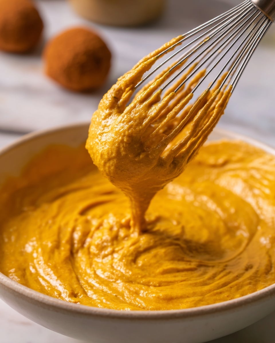 A close-up view shows a metal whisk lifting thick, creamy pumpkin-colored batter with a smooth, slightly textured surface. The batter is lifted from a round bowl filled with the same pumpkin-orange mixture, which has soft swirls on its surface. In the background, out of focus, two brown spice-covered balls rest on a white marbled surface, adding depth and warmth to the image. The focus is on the vibrant color and thick texture of the batter, with soft natural lighting highlighting the glossy finish of the mixture. photo taken with an iphone --ar 4:5 --v 7