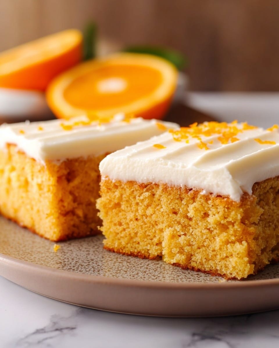 Two square pieces of orange cake with a soft, fluffy texture are shown on a round white plate. Each piece has one smooth, thick layer of white frosting on top. The close-up view shows the cake's airy crumb and the creamy frosting spread evenly right at the edge. The plate is placed on a white marbled surface. Photo taken with an iphone --ar 4:5 --v 7