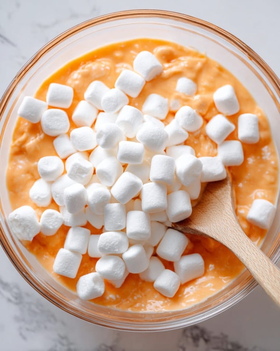 A clear glass bowl filled with a creamy orange mixture topped with many small, white, soft marshmallows. A wooden spoon is resting in the bowl, partially in the orange mixture near the top right. The background is a white marbled surface. Photo taken with an iphone --ar 4:5 --v 7