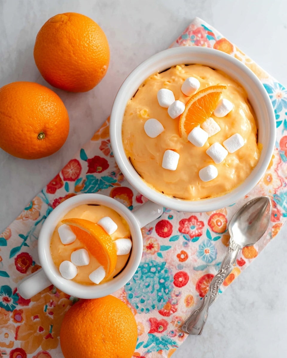 The image shows a white bowl and a smaller white ramekin filled with a fluffy, light orange dessert. The dessert has a smooth and creamy texture with small white marshmallows scattered on top. The smaller ramekin also has a bright orange slice placed on the dessert and three marshmallows. Both dishes sit on a colorful cloth with floral patterns on a white marbled surface. Two whole oranges lay beside the larger bowl, adding a fresh, vibrant touch. Photo taken with an iphone --ar 4:5 --v 7