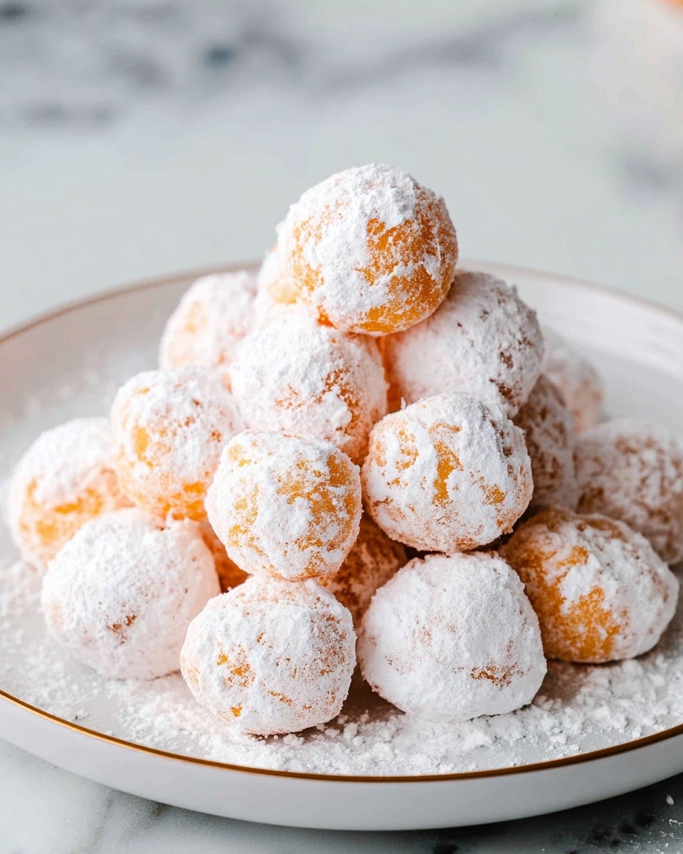 A pile of small round orange balls covered in a thick layer of white powdered sugar is arranged in the center of a white plate with a thin darker rim. The balls have a rough, cracked surface where the powdered sugar sits unevenly, allowing glimpses of the bright orange beneath. The plate is placed on a white marbled surface, and some powdered sugar is scattered around the base of the pile. photo taken with an iphone --ar 4:5 --v 7