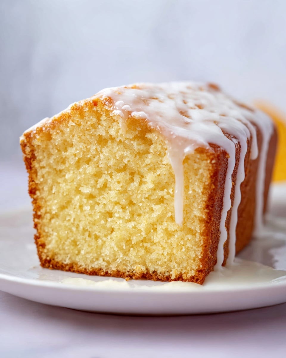 The image shows one thick slice of yellow pound cake with a soft and crumbly texture. The cake slice is topped with a smooth white icing drizzle that flows unevenly down the sides, slightly pooling on the white plate beneath it. The top of the cake has a light golden brown crust with a slightly rough texture, contrasting with the moist and dense interior. The white plate sits on a white marbled surface with a soft blurred background. The lighting highlights the moistness and texture of the cake, making it look fresh and inviting. photo taken with an iphone --ar 4:5 --v 7
