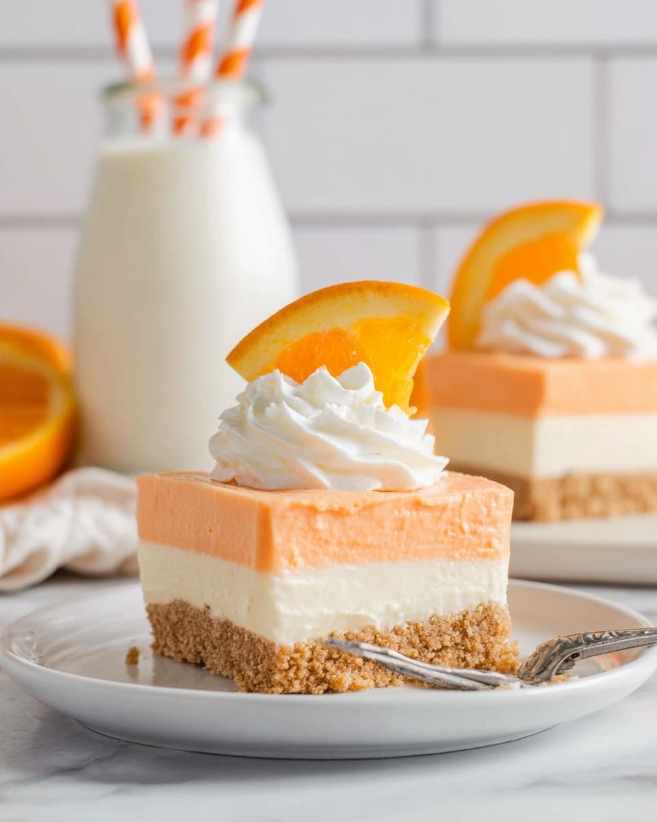 A square orange-colored dessert with three visible layers sits on a white plate with a silver fork holding a bite of the dessert in the foreground. The bottom layer is crumbly and brown, the middle layer is thick and white, and the top layer is a smooth, light orange mousse. On top of the dessert, there is a swirl of white whipped cream and a thin, bright orange slice stands upright behind the cream. The background shows a blurred second dessert and a glass bottle of milk with two orange and white striped straws, all on a white marbled surface and white tiled wall. Photo taken with an iphone --ar 4:5 --v 7