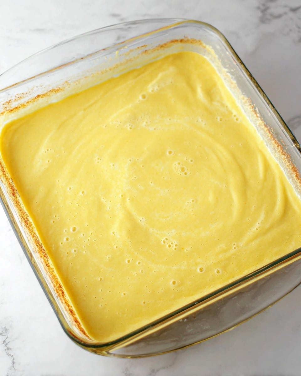 A glass baking dish filled with a single smooth layer of yellow batter that has a slightly swirled texture on the surface. The batter looks creamy and thick, with small bubbles scattered lightly throughout. The dish is placed on a white marbled surface, and the edges of the glass dish show some lightly browned bits from baking. photo taken with an iphone --ar 4:5 --v 7