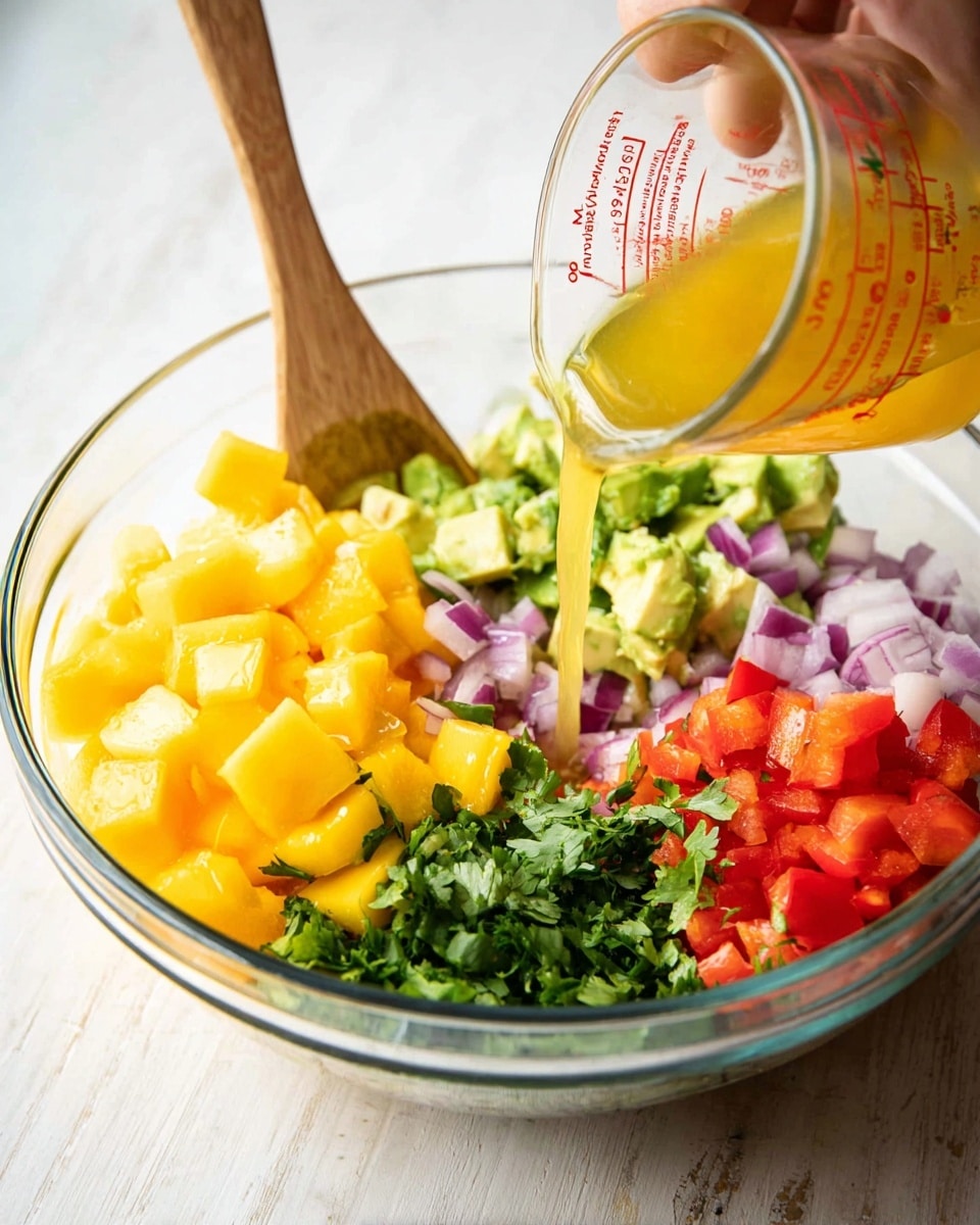 A clear glass bowl on a white marbled surface holds neatly chopped layers of bright yellow mango pieces, light green avocado cubes, red diced bell peppers, finely chopped red onions, chopped dark green cilantro, and fresh green herbs spread on different sides. A wooden spoon rests inside the bowl. A woman's hand is pouring a golden-yellow liquid from a clear glass measuring cup labeled with red markings into the bowl. The scene is bright with natural light, showing fresh and colorful ingredients. photo taken with an iphone --ar 4:5 --v 7