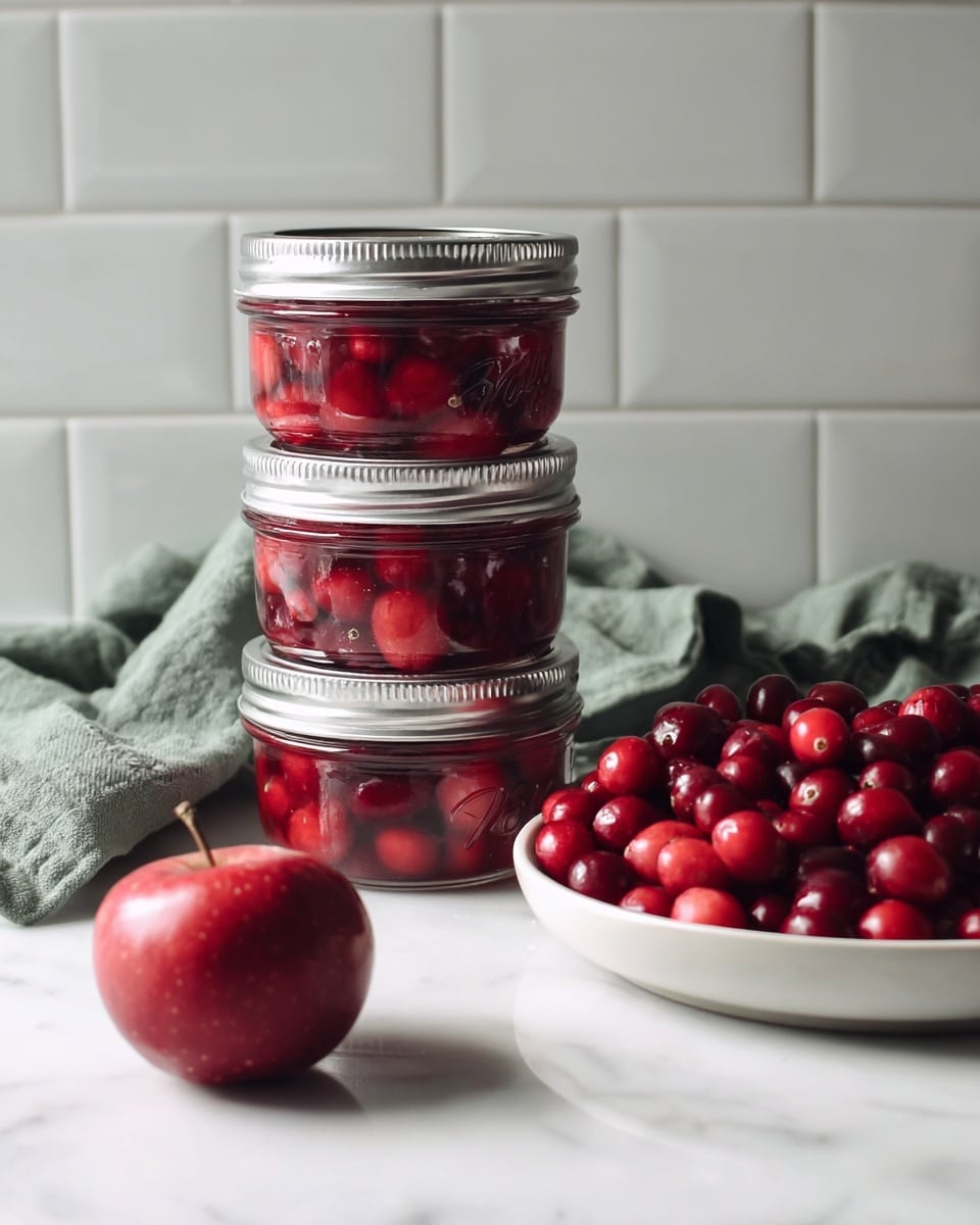 The image shows three clear glass jars stacked on top of one another, each filled with bright red cranberries and sealed with silver lids. To the right, there is a white plate filled with many fresh cranberries, showing deep red and shiny textures. In front of the plate, a single red apple with a deep red and slightly shiny surface rests on the white marbled texture. On the left side behind the jars, a soft green cloth is partially visible. The background is made up of white subway tiles, creating a clean and simple kitchen setting. photo taken with an iphone --ar 4:5 --v 7