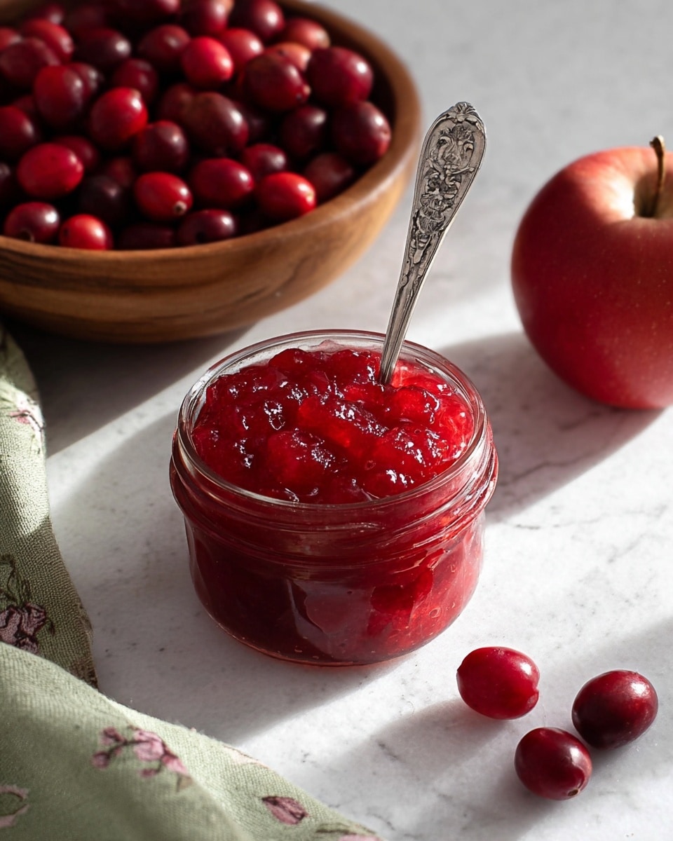 The image shows a small glass jar filled with bright red chunky sauce or jam, placed on a white marbled surface. Inside the jar, a silver spoon with a detailed handle is standing upright in the sauce. Behind the jar, there is a round wooden bowl filled with whole, shiny red berries. To the right of the jar, a single red apple with a small brown stem sits on the surface. A soft green cloth with a floral pattern lies casually near the jar at the bottom left of the frame. The whole scene is softly lit with natural light, creating gentle shadows. photo taken with an iphone --ar 4:5 --v 7