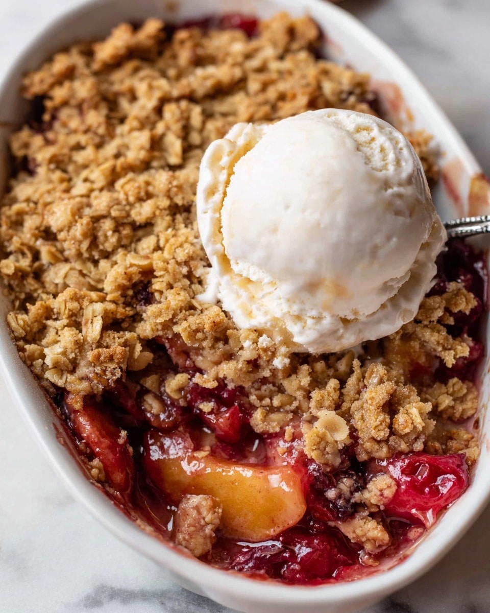 The image shows a close-up of a fruit crumble in a white oval baking dish filled with chunky cooked fruit that looks red and orange, with some syrup visible along the left edge. On top is a thick layer of golden oat crumble with a crumbly, textured surface. Sitting on the crumble is a large scoop of creamy white ice cream with visible vanilla specks, slightly melting on the edges. The dish is set on a white marbled surface. photo taken with an iphone --ar 4:5 --v 7