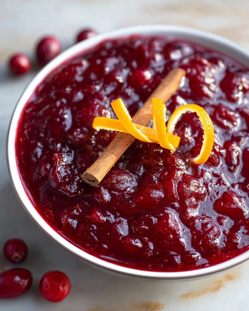 The image shows a close-up view of a deep red cranberry sauce in a white bowl. The sauce is thick with visible chunks of cranberries, giving it a rich, textured look. On top, there is a single cinnamon stick laid horizontally, decorated with a thin, curly strip of bright orange peel wrapped around it, creating a small swirl. Around the bowl, a few whole cranberries sit on a white marbled surface, adding a touch of natural color contrast. The light reflects softly on the glossy sauce surface. photo taken with an iphone --ar 4:5 --v 7