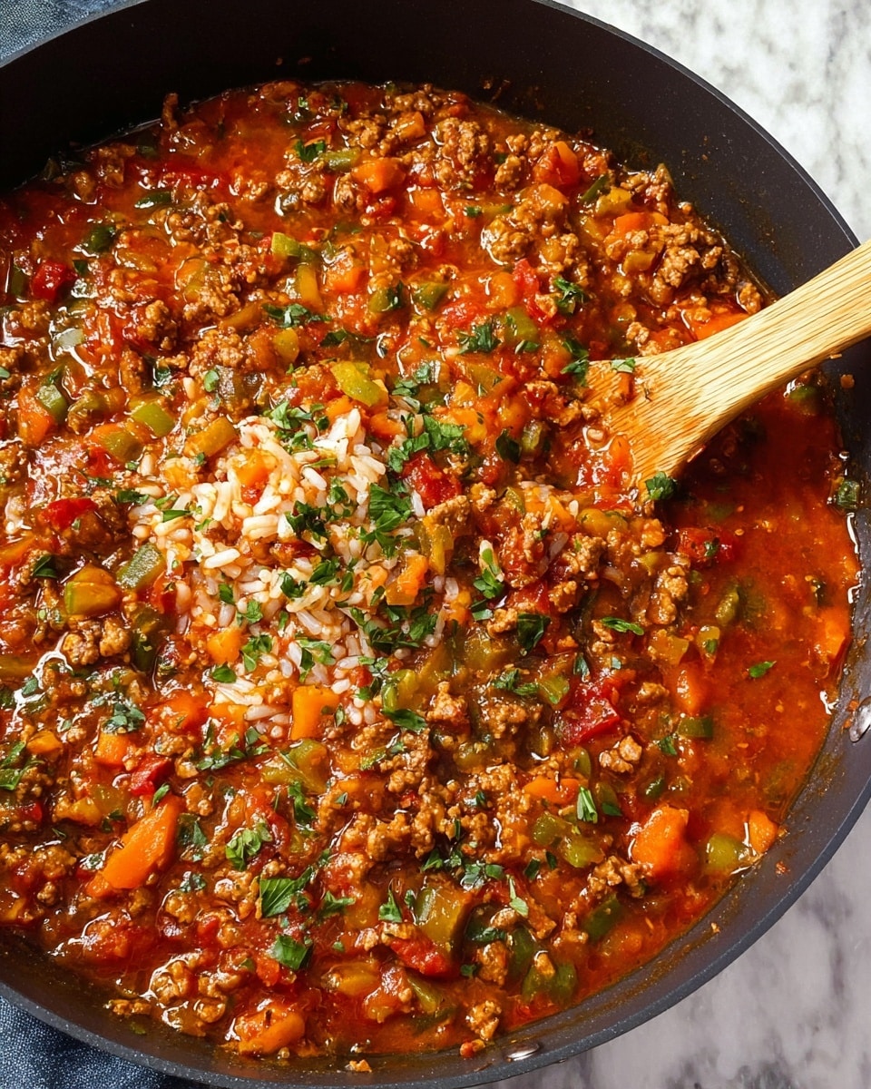 A close-up top view of a black pan filled with a thick stew made of small pieces of cooked ground meat, orange and green diced vegetables, white rice grains, and fresh green herbs in a rich red-orange sauce, with a wooden spoon stirring the mix on the right side. The stew shows a mix of textures with soft cooked meat and vegetables suspended in a smoothly saucy base, with bits of herbs scattered on top. The pan is placed on a white marbled surface. photo taken with an iphone --ar 4:5 --v 7