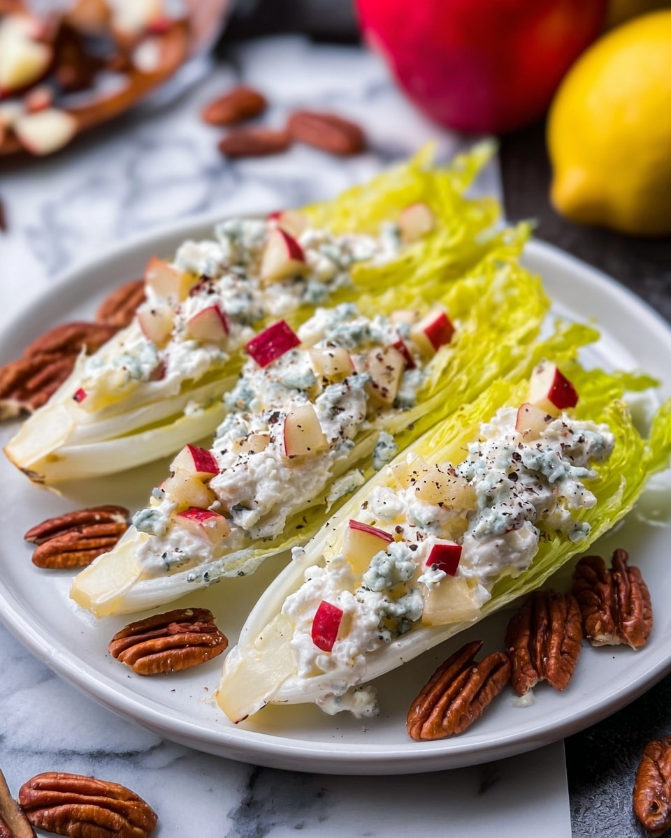 A white plate holds three long yellow-green leaves of endive arranged in a row. On top of these leaves, there is a thick layer of white cottage cheese mixed with small pieces of red and green apple, which are scattered across the cheese. Sprinkled on the cheese are small chunks of light blue cheese and a few black pepper flakes. Surrounding the endive leaves and filling the plate bottom are several whole brown pecans. The plate sits on a white marbled surface. In the background, out of focus, there is a red apple and a yellow lemon along with more pecans. Photo taken with an iphone --ar 4:5 --v 7