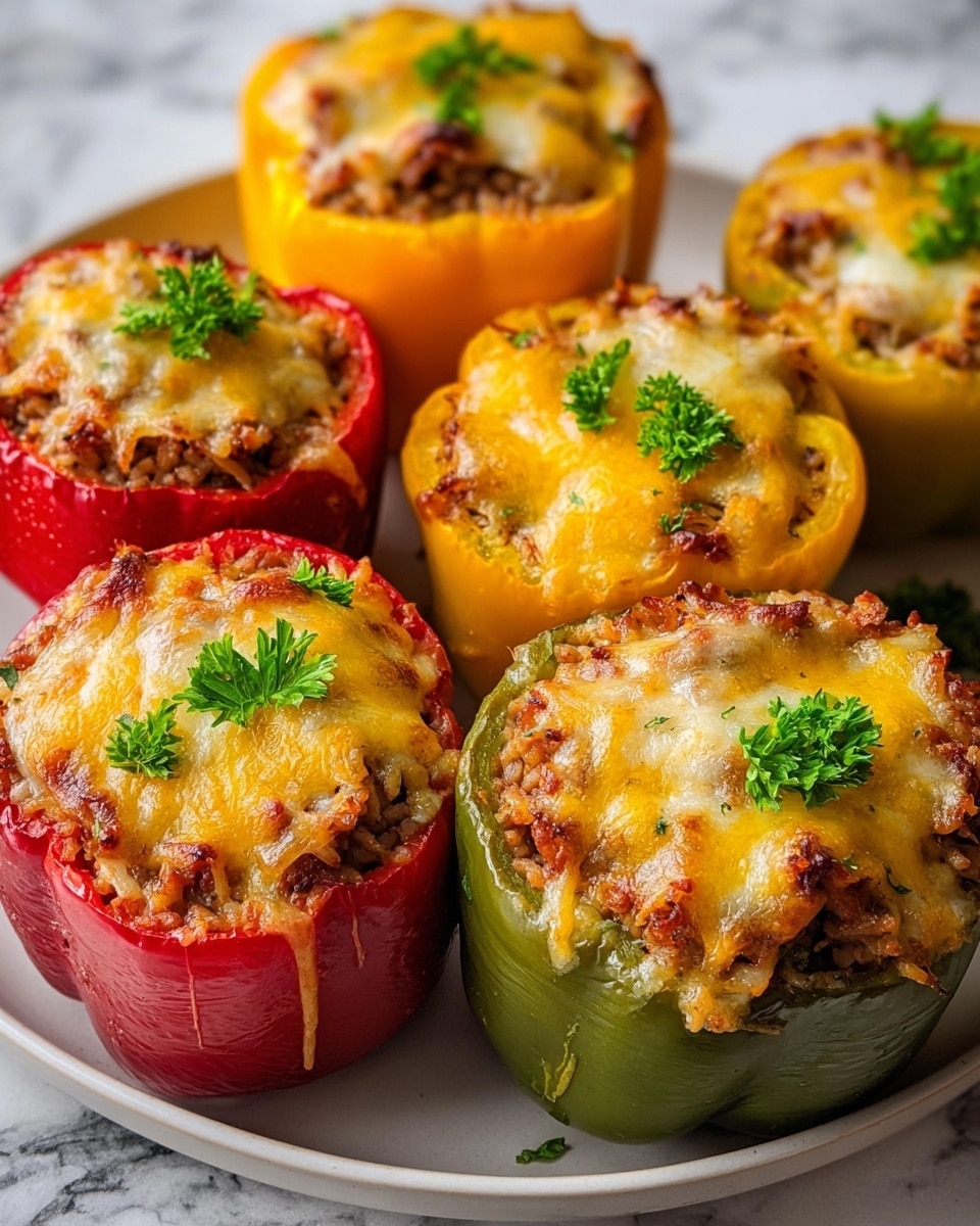 The image shows six stuffed bell peppers arranged closely on a round white plate, set on a white marbled surface. Each pepper is a different color—two yellow, two red, and two green—standing upright and filled with a mixture of finely chopped cooked meat and rice. The top layer of the filling is covered with melted golden-yellow cheese that has browned slightly, adding texture and richness. Each pepper is garnished with small, fresh green parsley leaves, adding a touch of color contrast and freshness. The peppers are plump, with the melted cheese slightly dripping down the edges. The photo taken with an iphone --ar 4:5 --v 7