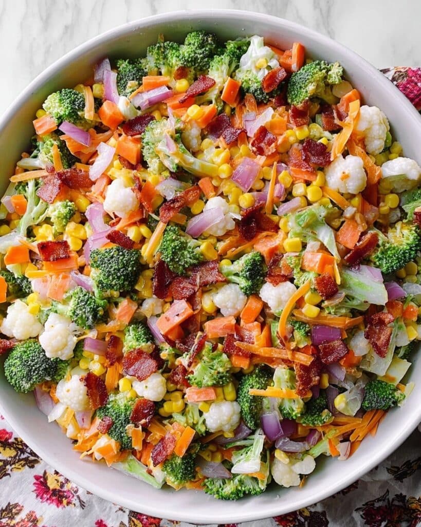 Creamy Broccoli, Cauliflower, Corn, and Bacon Salad Recipe