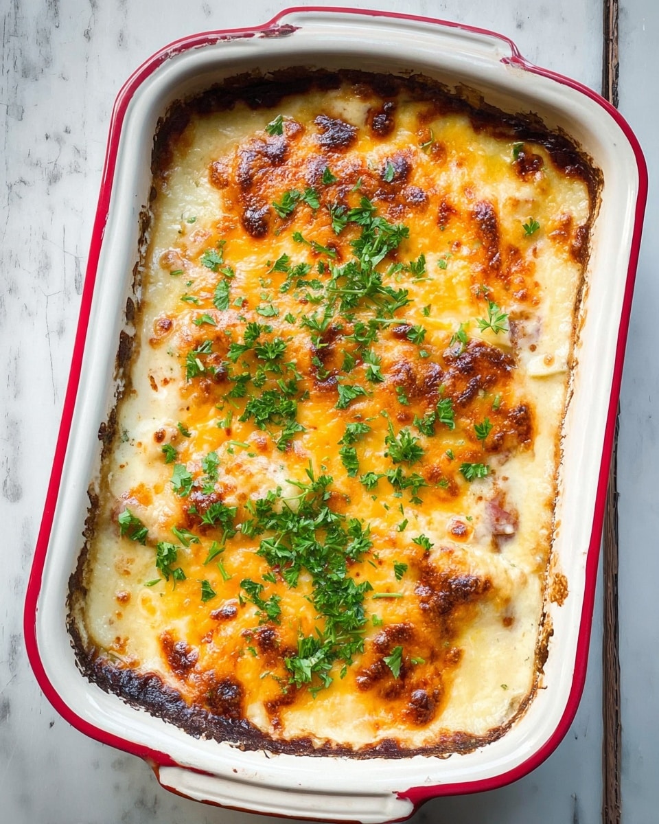 The dish is baked in a white enamel rectangular baking dish with a red rim, placed on a white marbled surface. The top layer is golden yellow melted cheese with areas of brown crust, slightly bubbling with darker brown spots. Fresh green parsley is sprinkled evenly over the cheese. The melted cheese layer covers a creamy white sauce that fills the dish, and underneath, there are visible hints of a layered filling that appears to have a reddish color, suggesting a savory sauce beneath the cheese. The edges are browned and caramelized, creating a dark crust where the cheese and sauce meet the baking dish. Photo taken with an iphone --ar 4:5 --v 7