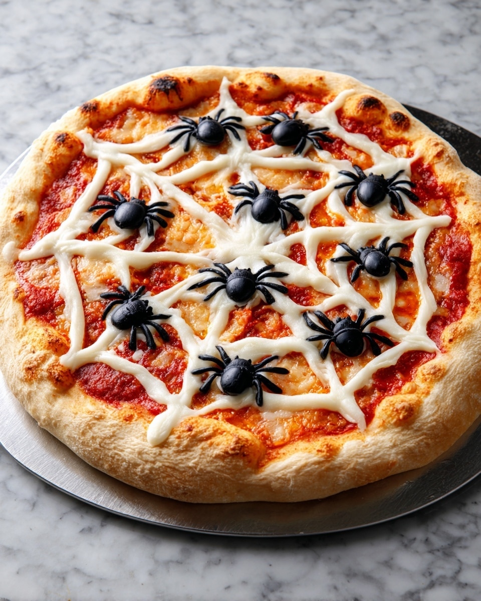 A round pizza with a thick golden brown crust sits on a metal pizza peel against a white marbled surface. The pizza has one layer of red tomato sauce spread unevenly across the base. On top, there is a layer of white melted cheese arranged in intersecting lines creating a spider web pattern. Black olive pieces shaped like spiders with rounded centers and sliced legs are placed on top of the cheese web evenly spread over the pizza. The texture of the crust is puffy and crispy on the edges with some charred spots. Photo taken with an iphone --ar 4:5 --v 7