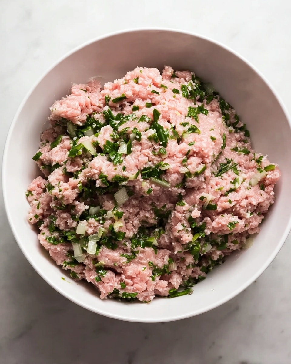 A close-up image shows a white bowl filled with a mixed raw ground meat preparation. The mixture has a light pink color with scattered chunks of finely chopped green herbs and small pieces of white onion mixed in. The texture looks soft and slightly chunky with green and white bits evenly spread throughout the pink meat. The bowl is placed on a white marbled surface. photo taken with an iphone --ar 4:5 --v 7