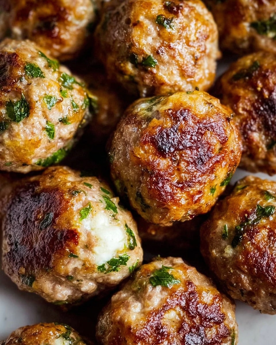 The image shows a close-up of several browned meatballs arranged closely together, each with a textured surface and visible green herb pieces mixed throughout. The meatballs have a golden brown outer layer with some darker charred spots, and small white cheese-like bits are embedded inside them. They rest directly on a white marbled surface, filling the whole frame with no additional objects visible. The lighting highlights their moist and slightly crispy texture, giving a warm, appetizing look. photo taken with an iphone --ar 4:5 --v 7