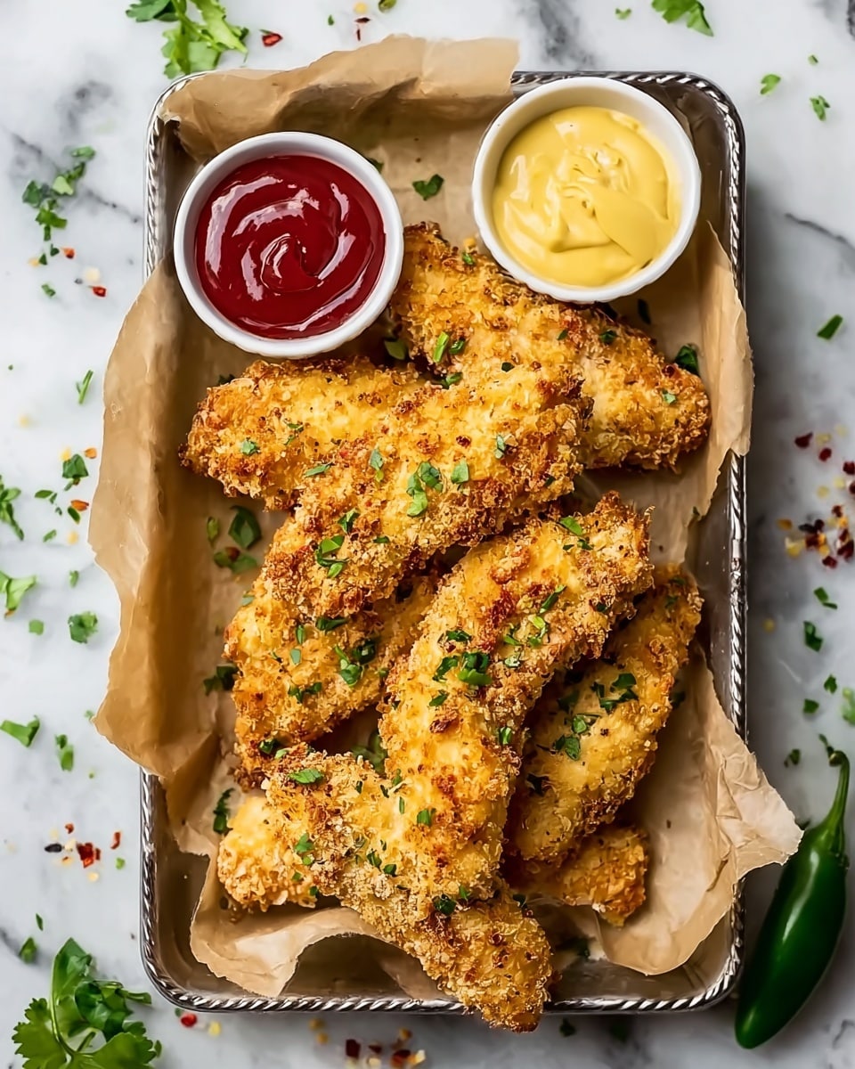 The image shows a silver tray lined with brown parchment paper holding seven golden-brown breaded pieces of chicken tender strips sprinkled with chopped green herbs. The strips are crispy and unevenly shaped, placed in a slightly overlapping manner. At the top of the tray, there are two small white bowls side by side, one filled with smooth red ketchup and the other with creamy yellow mustard. The tray sits on a white marbled surface, with some scattered chopped herbs, red pepper flakes, and a whole green chili pepper on the upper right. Photo taken with an iphone --ar 4:5 --v 7