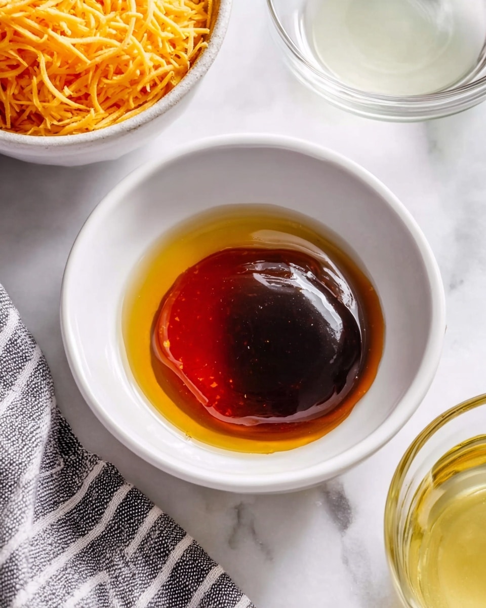 A white bowl sits on a white marbled surface with three layers of liquid inside. The bottom layer is dark brown and shiny, the middle layer is golden amber and clear, and on top, slightly to the side, is a small bright red round sauce that looks thick and glossy. In the back left, there is another white bowl filled with shredded orange-yellow cheese, and to the right, two clear glasses contain light yellow and clear liquids. A gray and white striped cloth is placed beside the bowl. Photo taken with an iphone --ar 4:5 --v 7